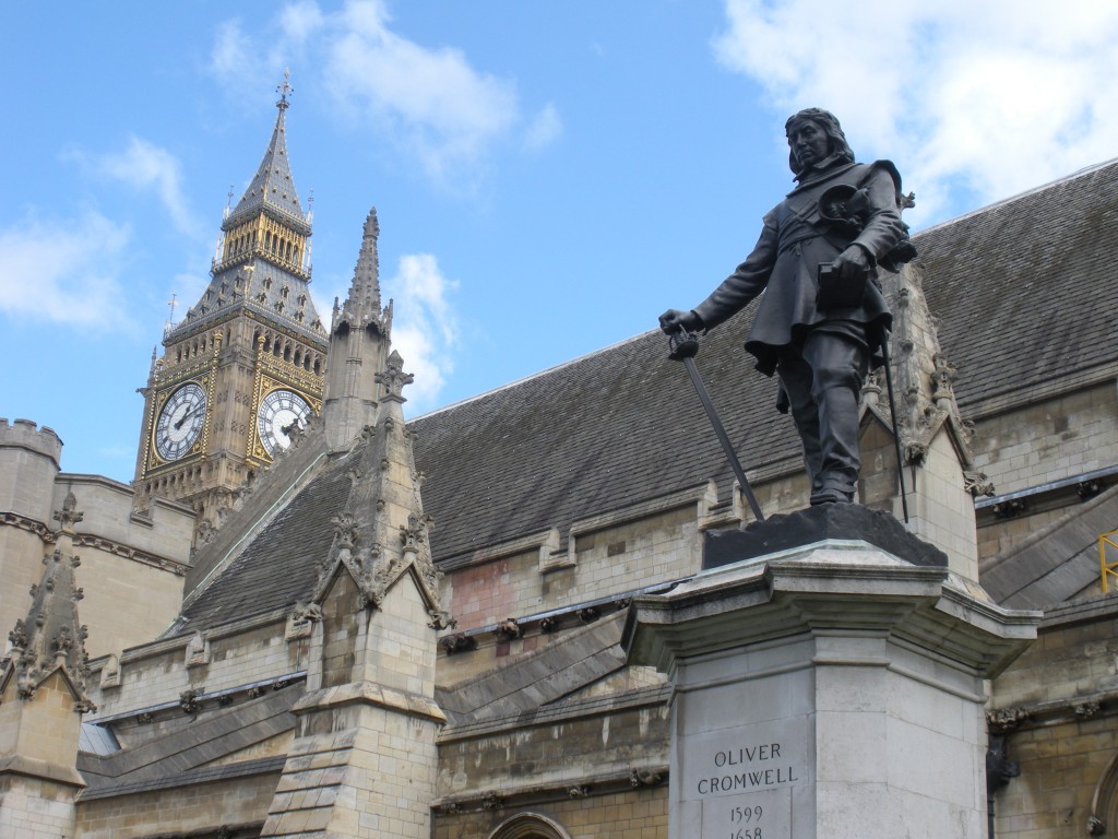 Oliver Cromwell, the House of Commons, and the Elizabeth Tower with Big Ben