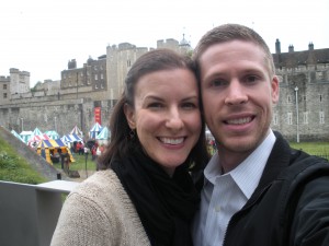 Ann Taylor and Dan in front of the Tower of London (and a Renaissance fair)