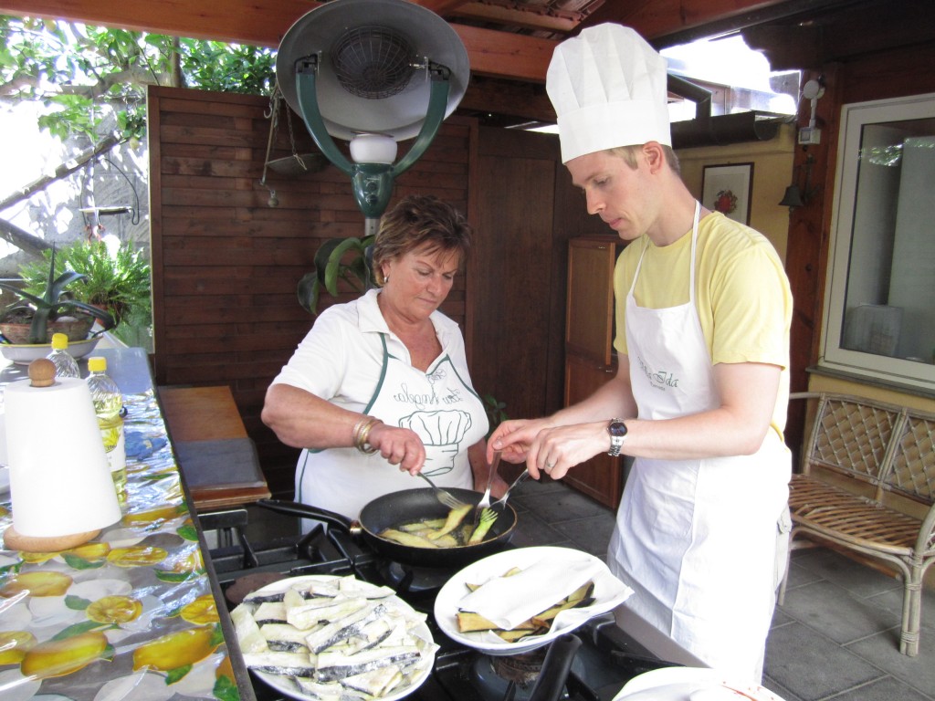 Angela and Dan fry eggplant