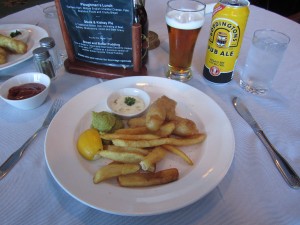 Fish and chips with mushy peas.